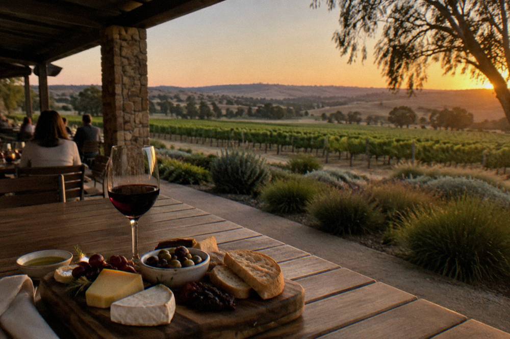An outdoor table at a winery restaurant with a platter of local cheese, olives and bread, a glass of Shiraz, and rows of vines in the distance